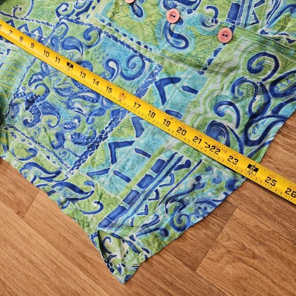 Vtg Geometric Floral Button Up Top Women 1XWP Blue Green Wearable Art Paisley - Picture 8 of 9